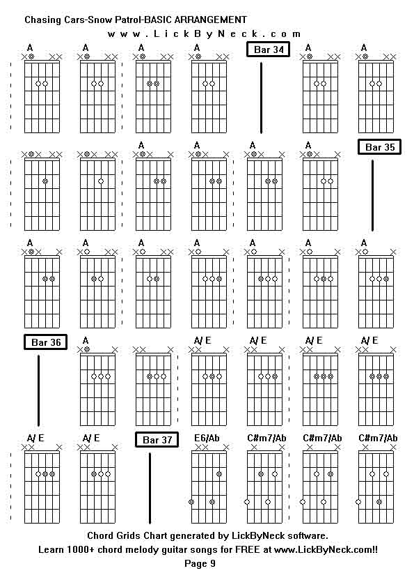 Chord Grids Chart of chord melody fingerstyle guitar song-Chasing Cars-Snow Patrol-BASIC ARRANGEMENT,generated by LickByNeck software.